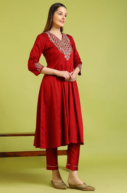 Dark Red Zari Embroidered Anarkali Kurta
