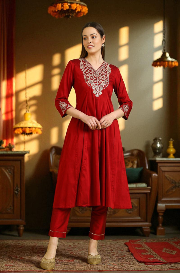 Dark Red Zari Embroidered Anarkali Kurta