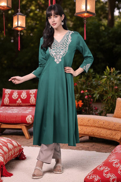 Dark Green Embroidered Flared Festive Kurta
