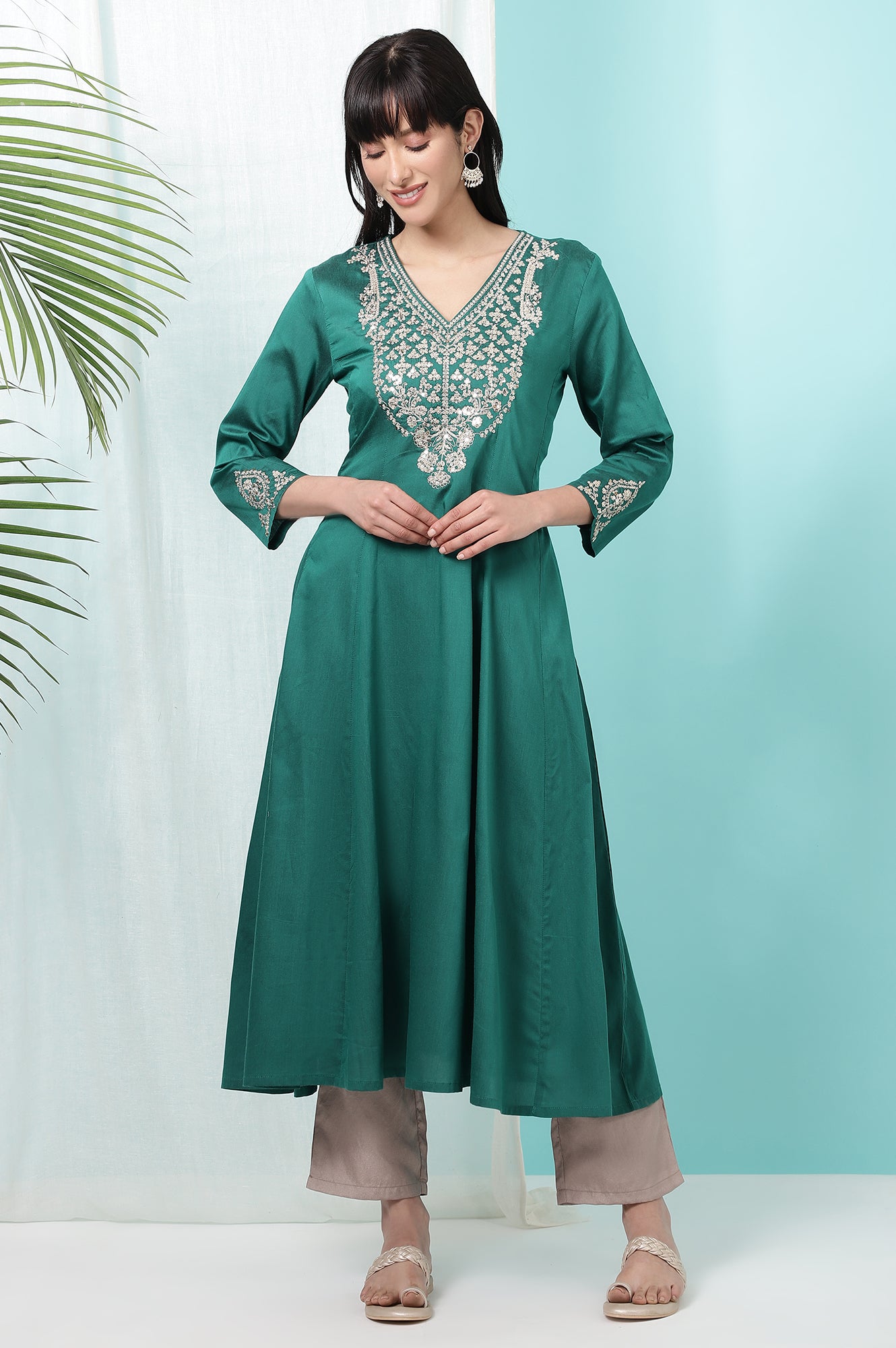 Dark Green Embroidered Flared Festive Kurta