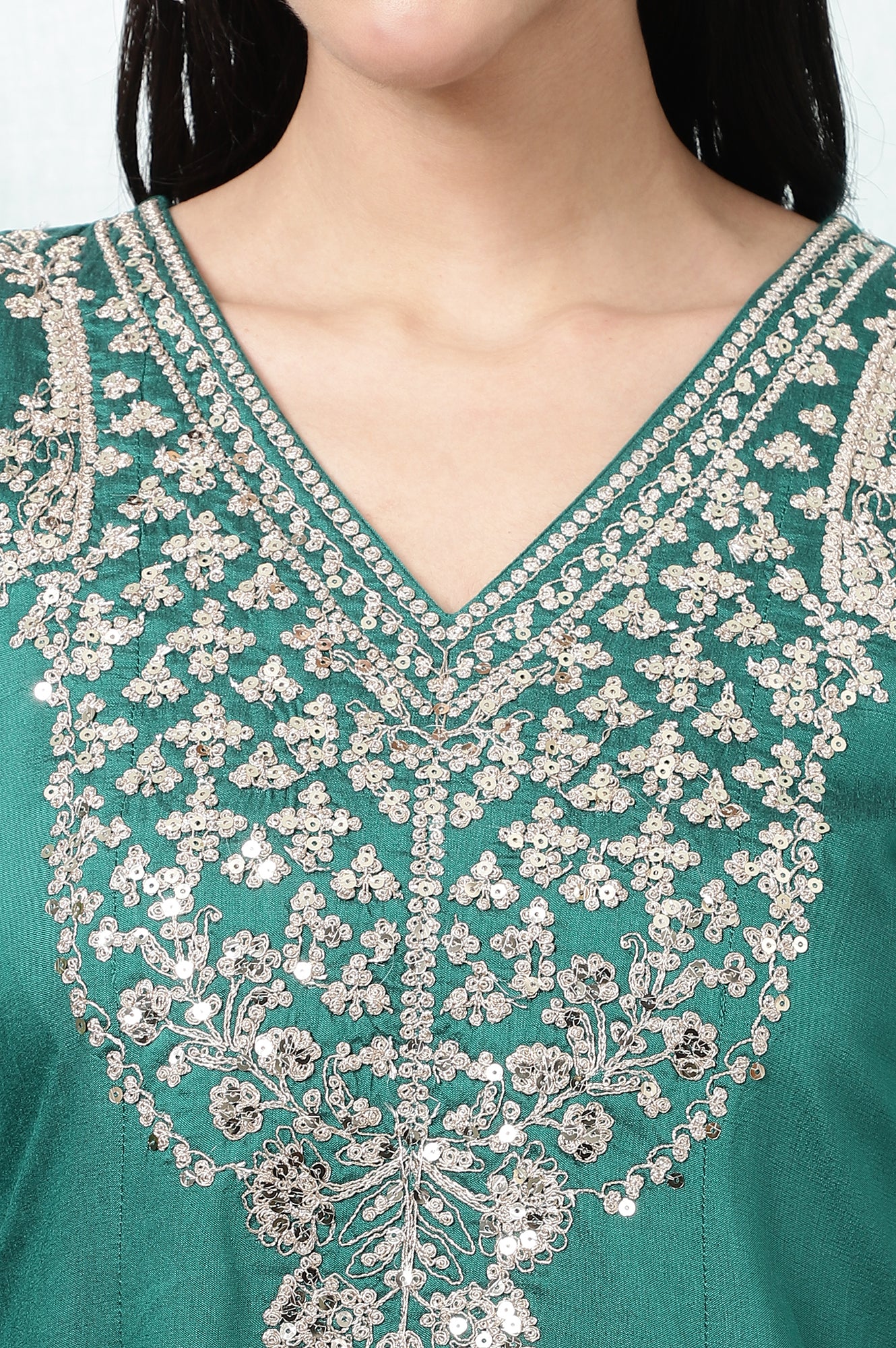 Dark Green Embroidered Flared Festive Kurta