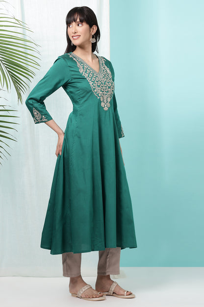 Dark Green Embroidered Flared Festive Kurta