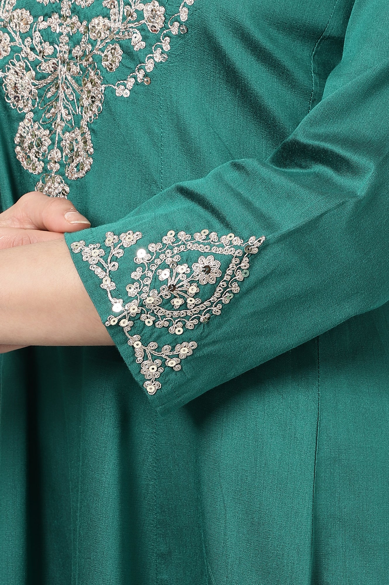 Dark Green Embroidered Flared Festive Kurta