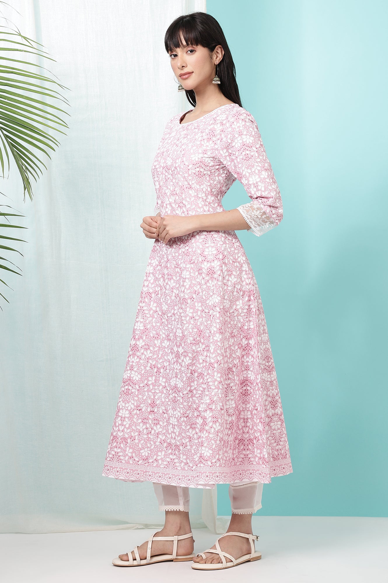 Pink Floral Printed Pure Cotton Anarkali Kurta