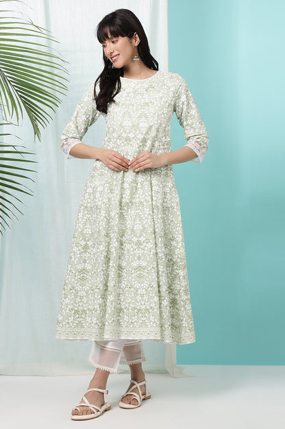Green Floral Printed Pure Cotton Anarkali Kurta