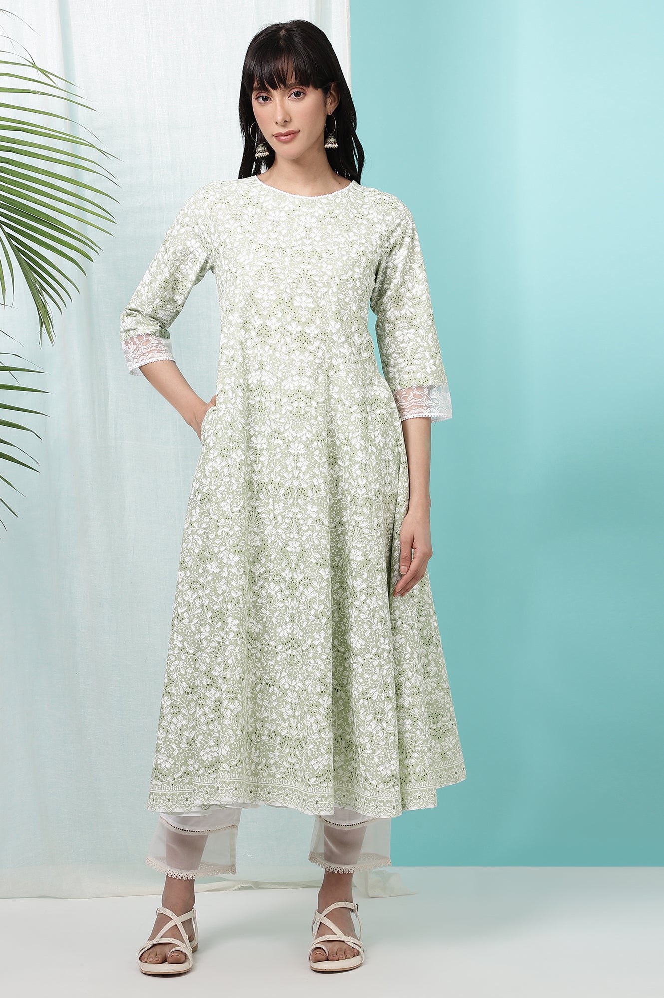 Green Floral Printed Pure Cotton Anarkali Kurta