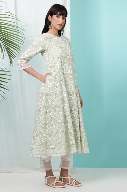 Green Floral Printed Pure Cotton Anarkali Kurta