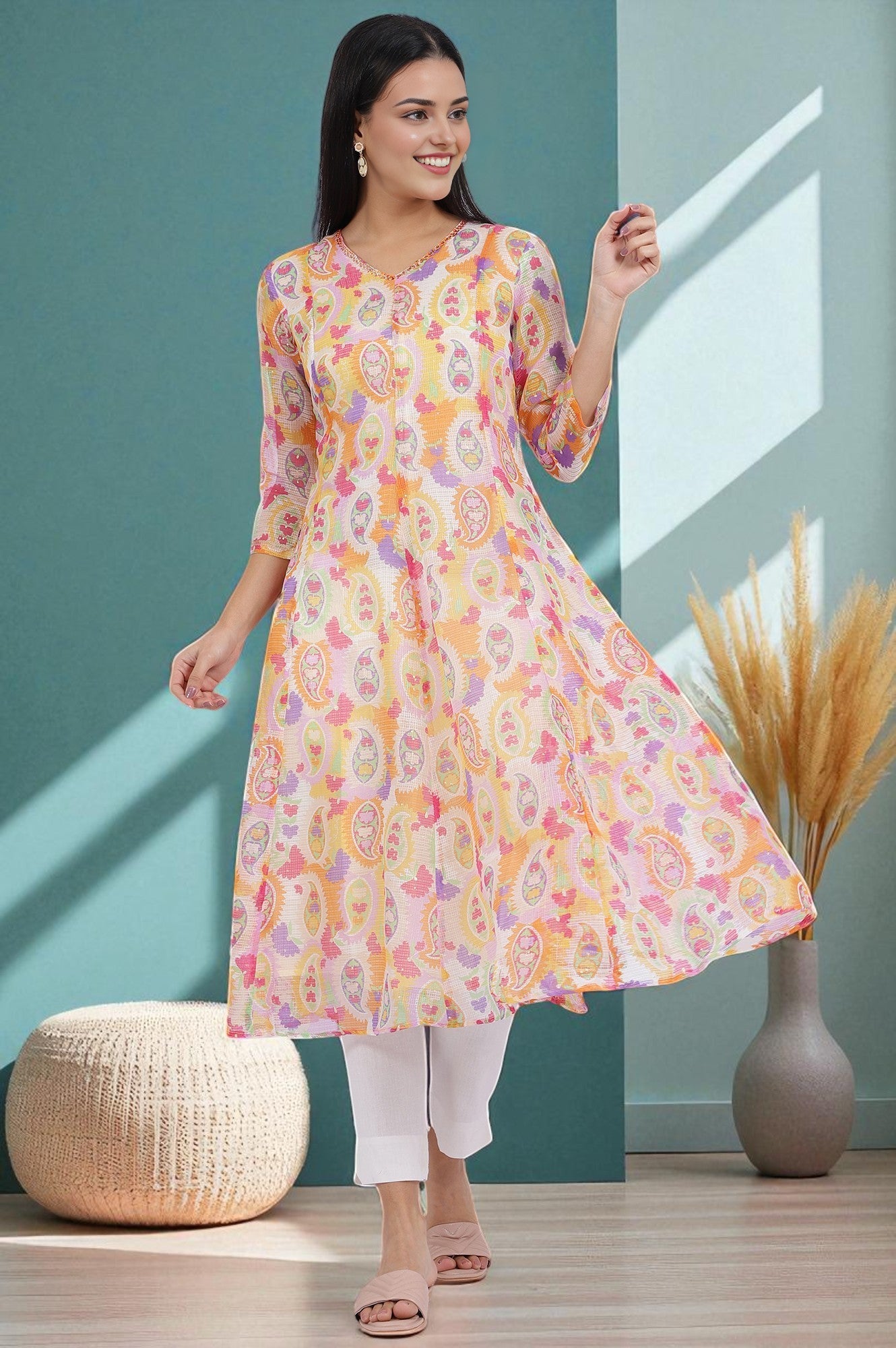 Printed Kota Doria Anarkali Kurta
