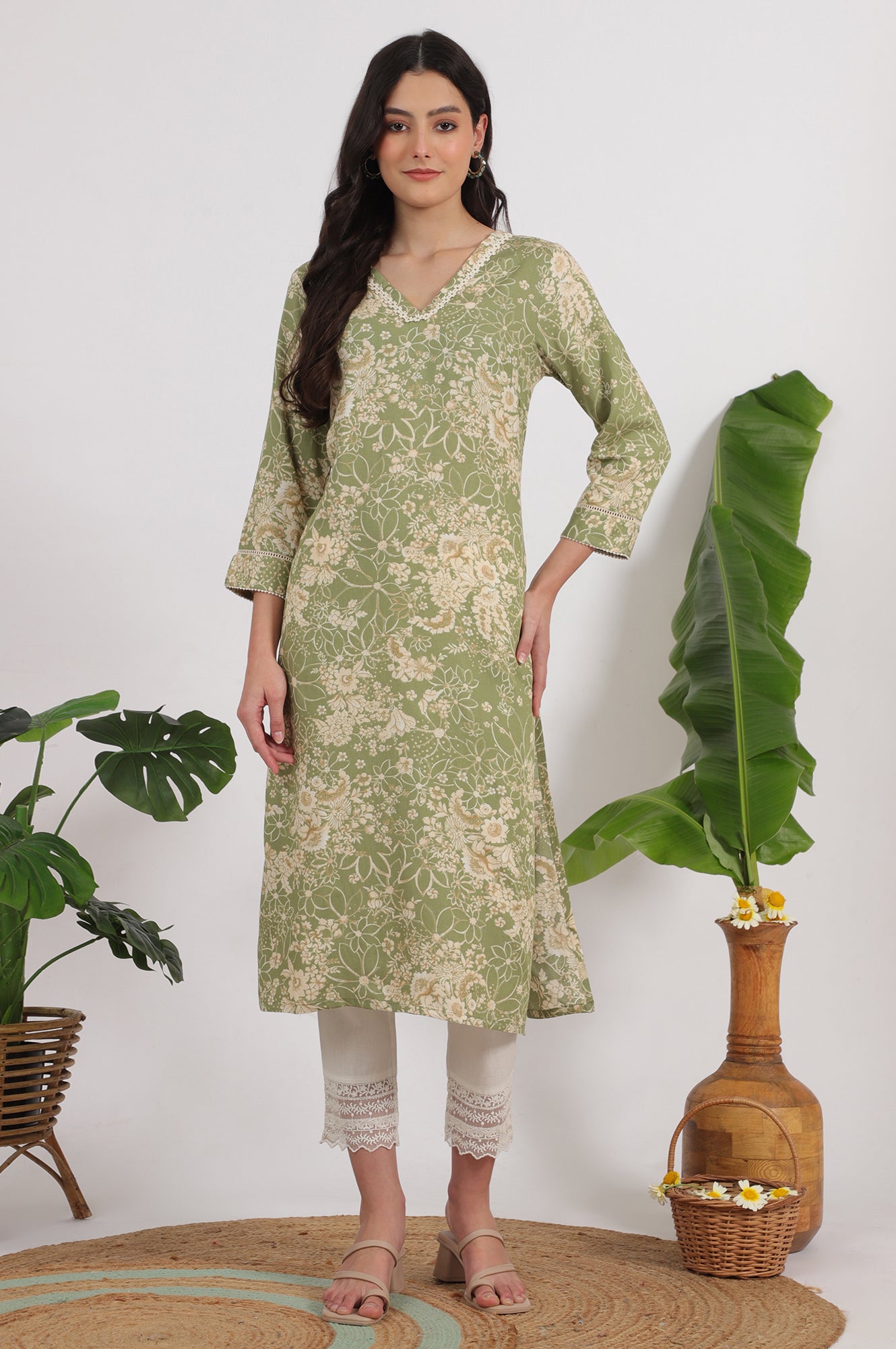 Sage Green Floral Printed Rayon Flax Straight Kurta with Lace