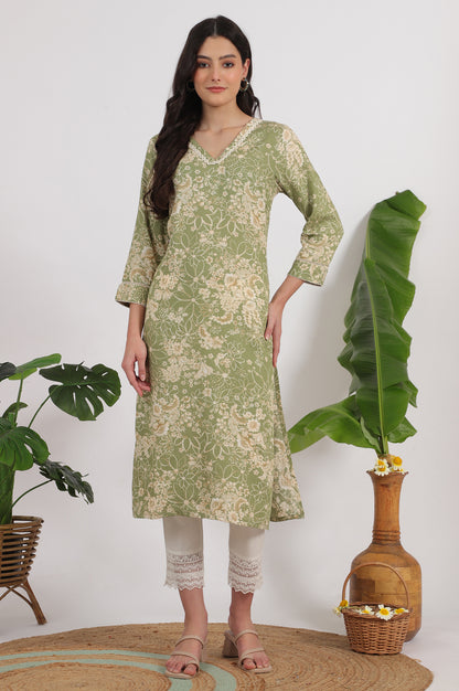 Sage Green Floral Printed Rayon Flax Straight Kurta with Lace