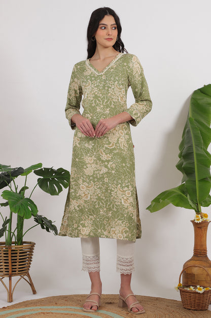 Sage Green Floral Printed Rayon Flax Straight Kurta with Lace