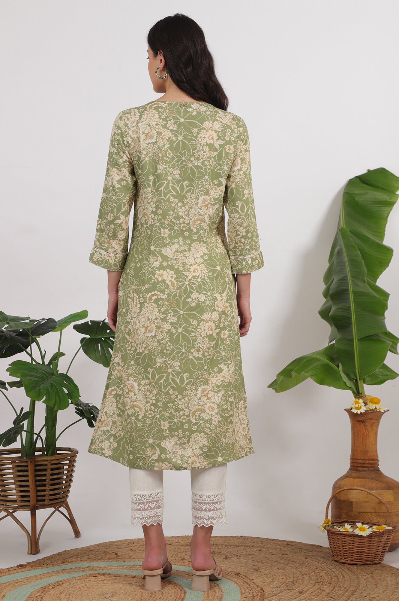 Sage Green Floral Printed Rayon Flax Straight Kurta with Lace