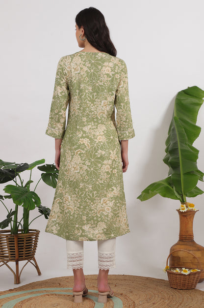 Sage Green Floral Printed Rayon Flax Straight Kurta with Lace