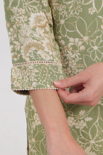 Sage Green Floral Printed Rayon Flax Straight Kurta with Lace