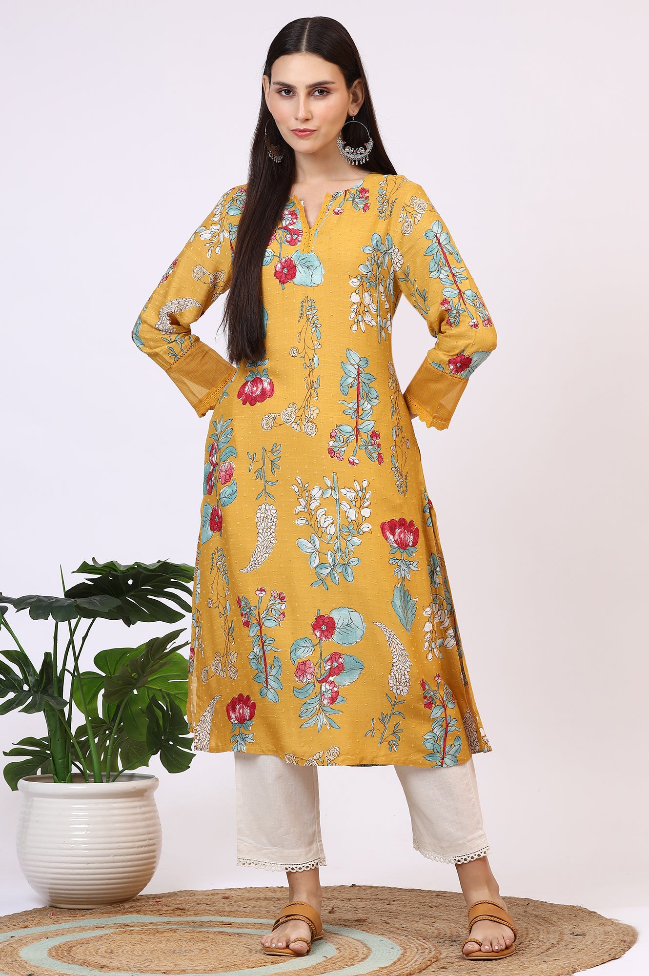 Yellow Floral Printed Swiss Dot Straight Kurta