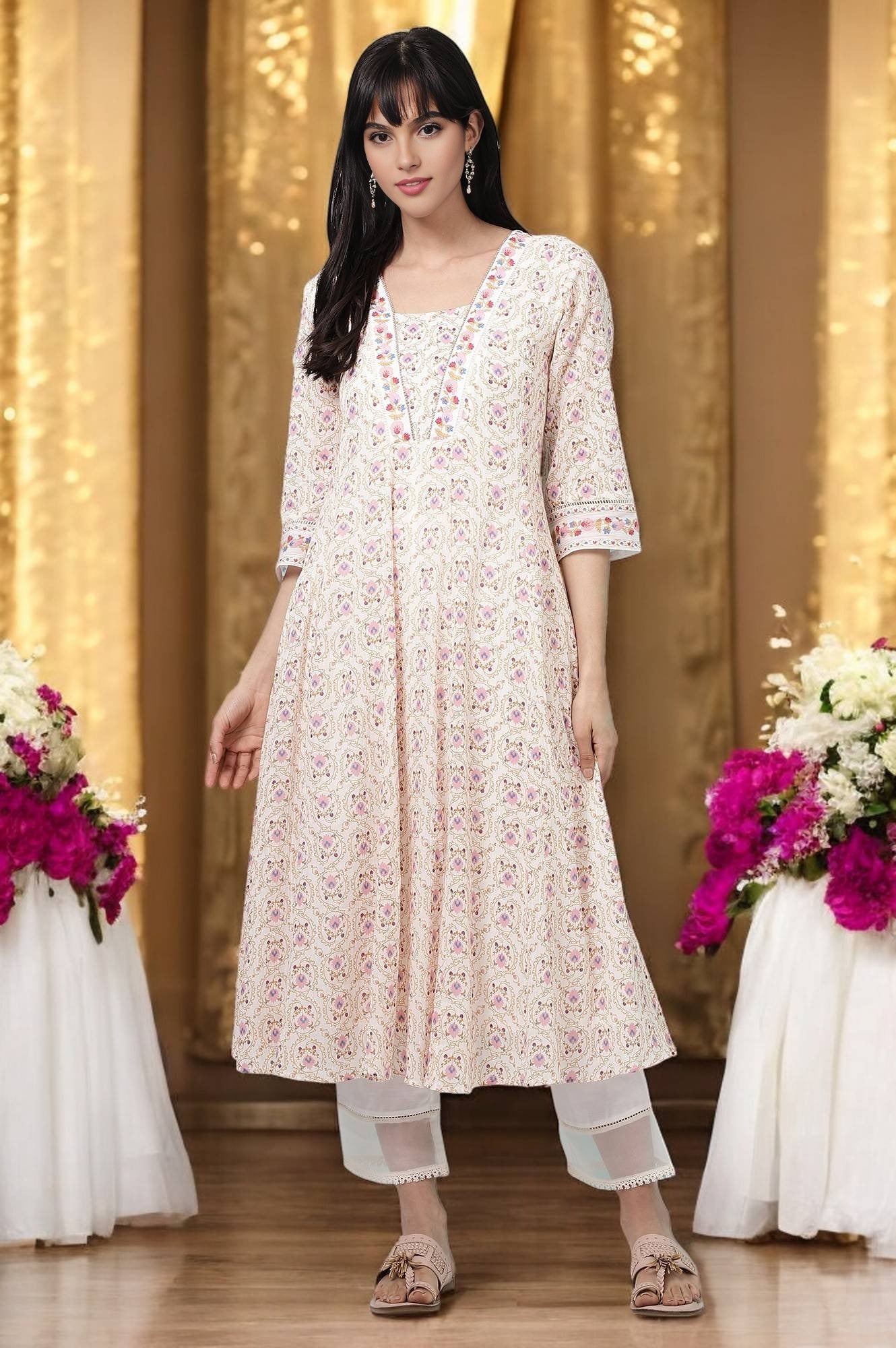 Cotton printed A-line Phiran kurta Blue-White