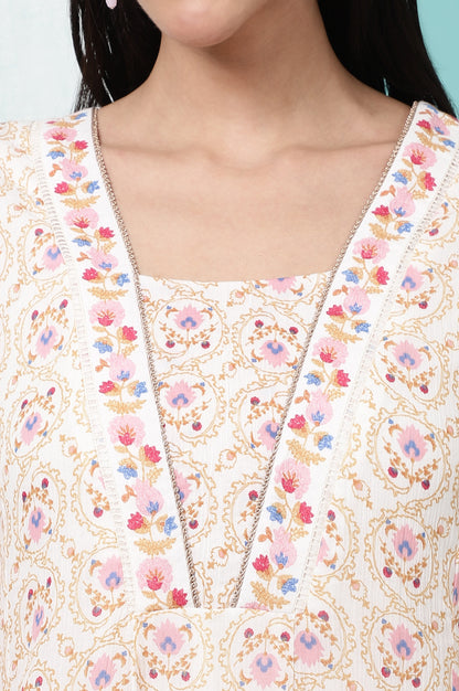 White Floral Printed Pure Cotton A-line Kurta with Embroidery
