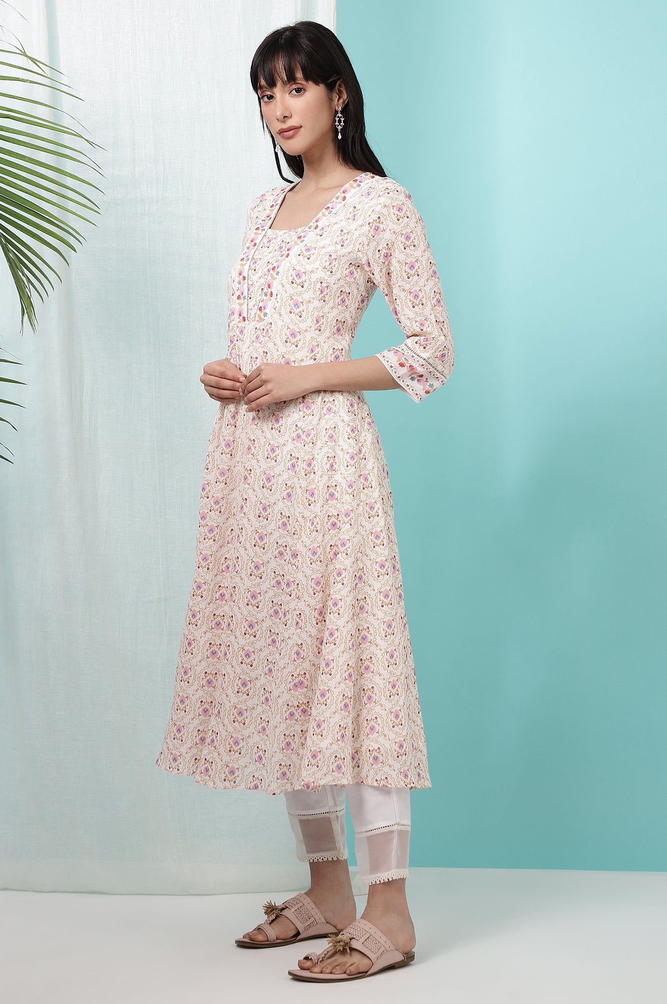 White Floral Printed Pure Cotton A-line Kurta with Embroidery