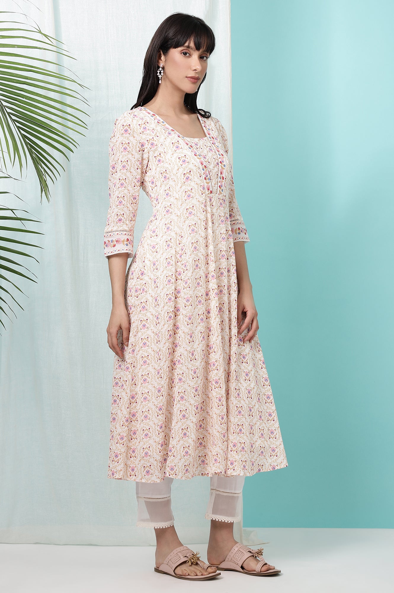 White Floral Printed Pure Cotton A-line Kurta with Embroidery