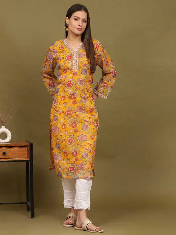Yellow Floral Printed Straight Kota Kurta