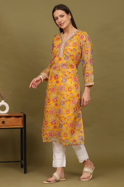 Yellow Floral Printed Straight Kota Kurta