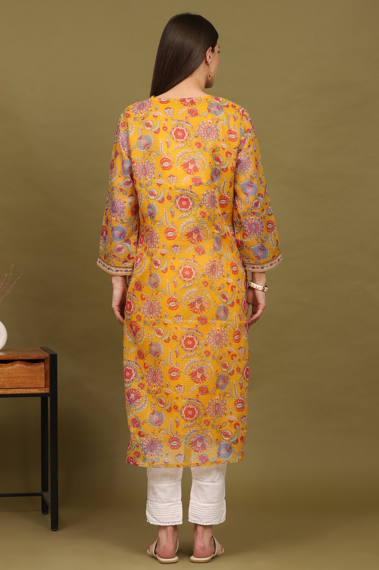 Yellow Floral Printed Straight Kota Kurta