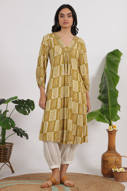 Green Paisley Printed Cotton Crepe Kurta with Mirror Embroidery