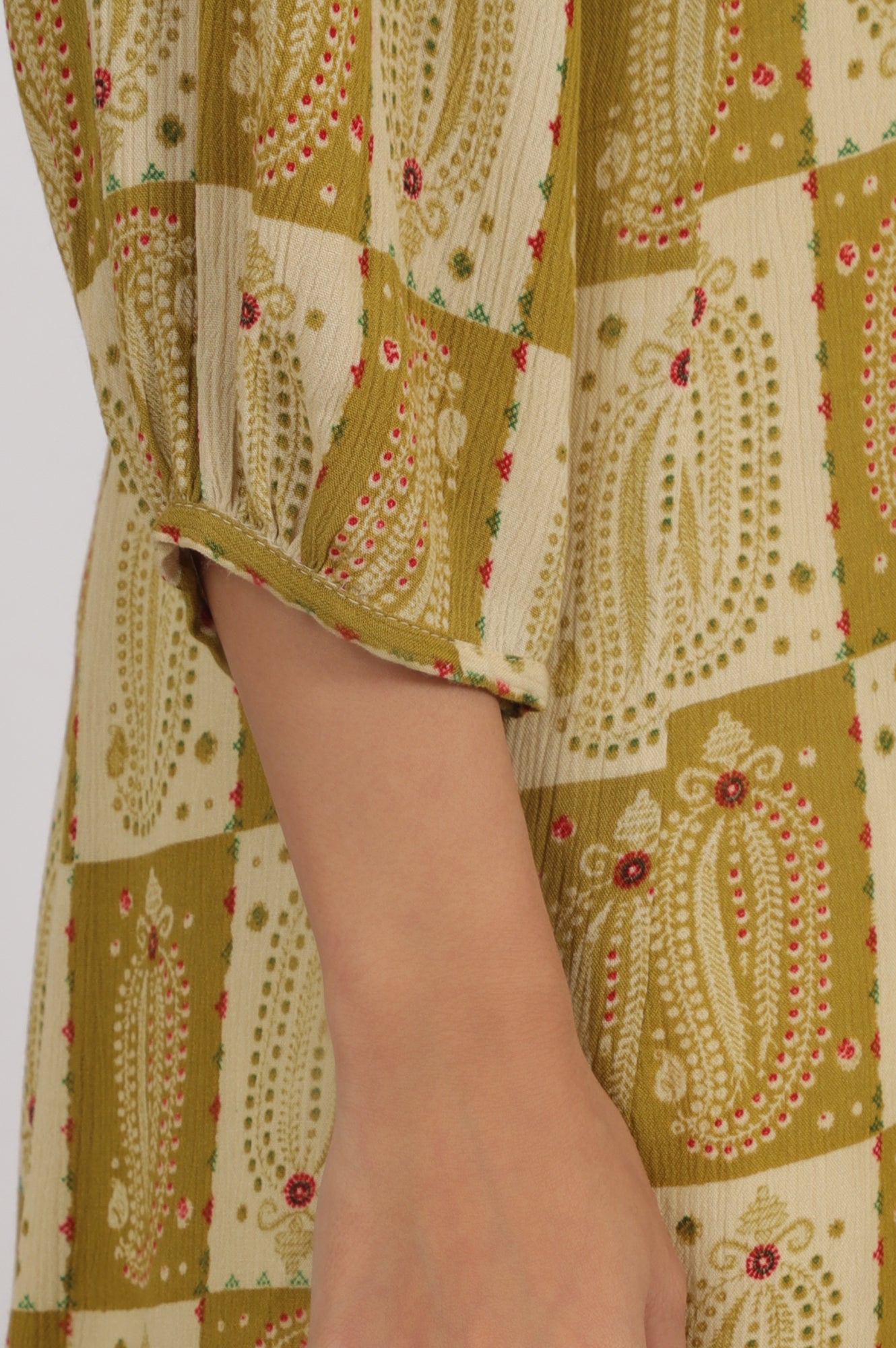 Green Paisley Printed Cotton Crepe Kurta with Mirror Embroidery
