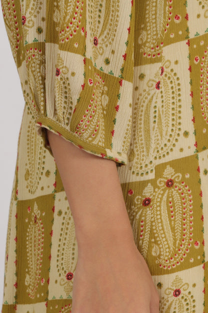 Green Paisley Printed Cotton Crepe Kurta with Mirror Embroidery