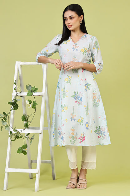 Blue Floral Printed Pure Cotton A-line Kurta with Thread Embroidery