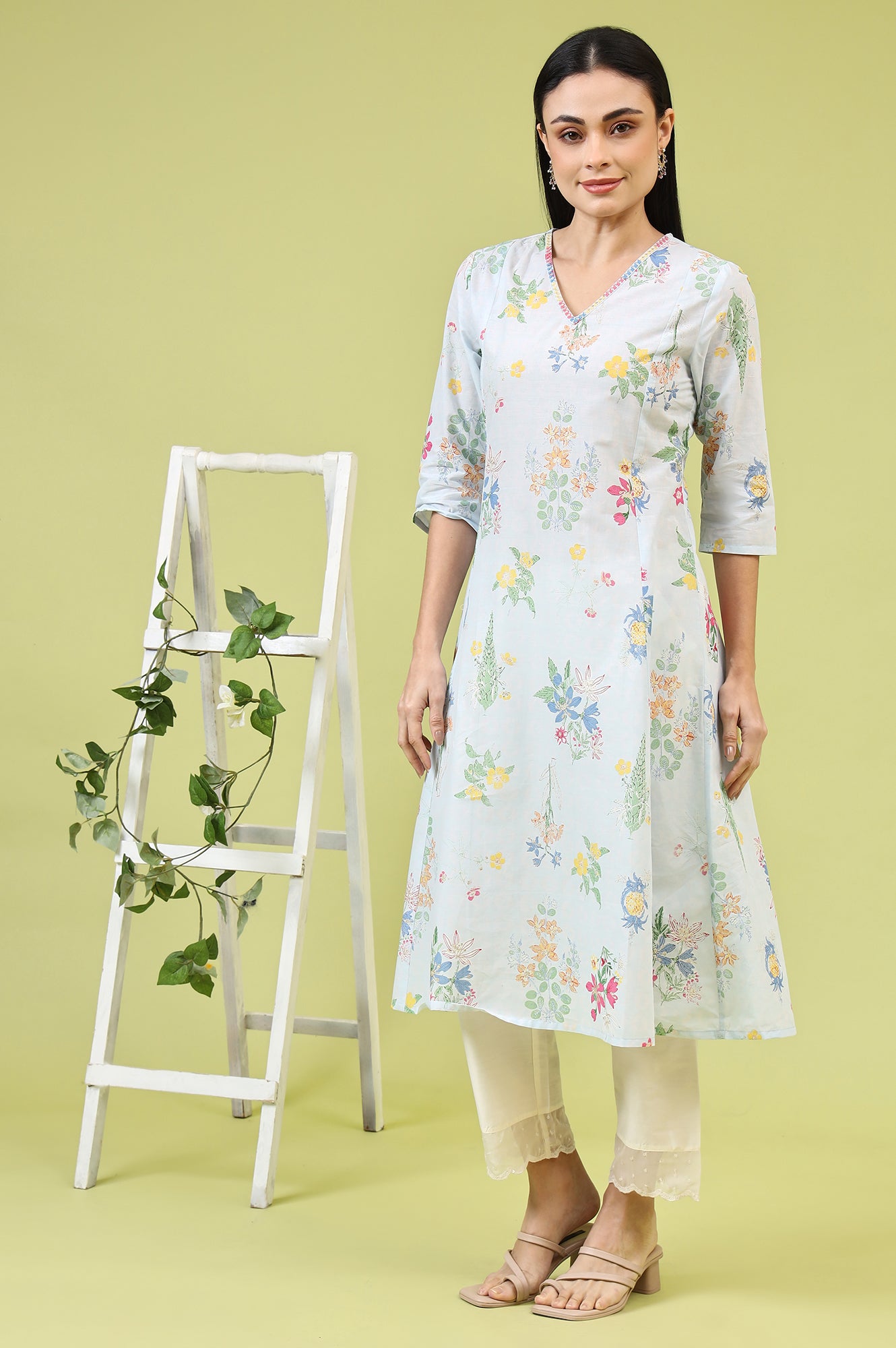 Blue Floral Printed Pure Cotton A-line Kurta with Thread Embroidery