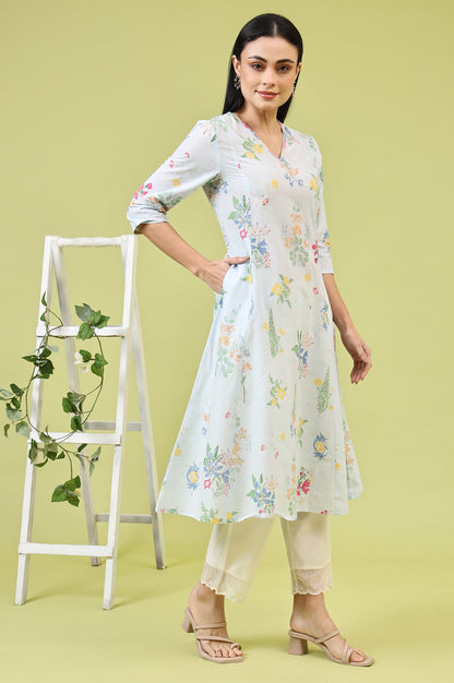 Blue Floral Printed Pure Cotton A-line Kurta with Thread Embroidery