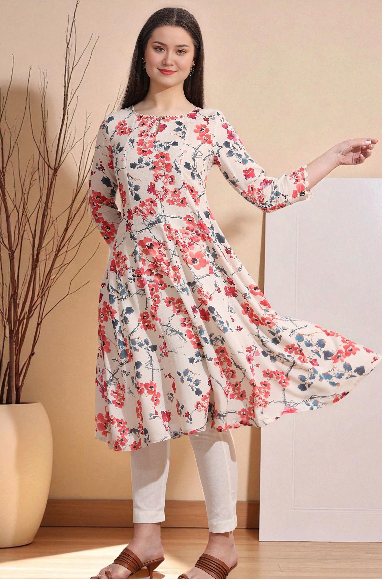 Light Beige Floral Printed Rayon Flax Anarkali Kurta with Lace