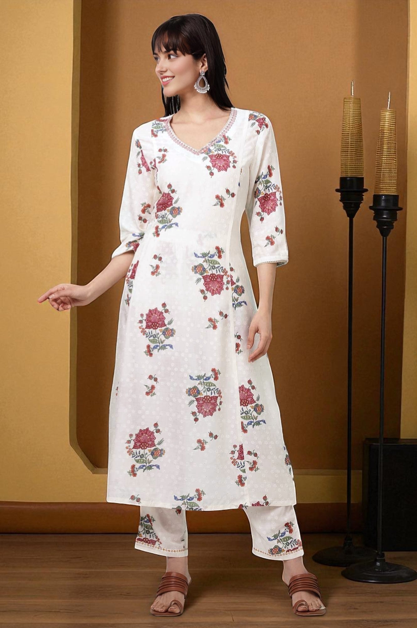 White Floral Printed Textured Dobby Flared Kurta