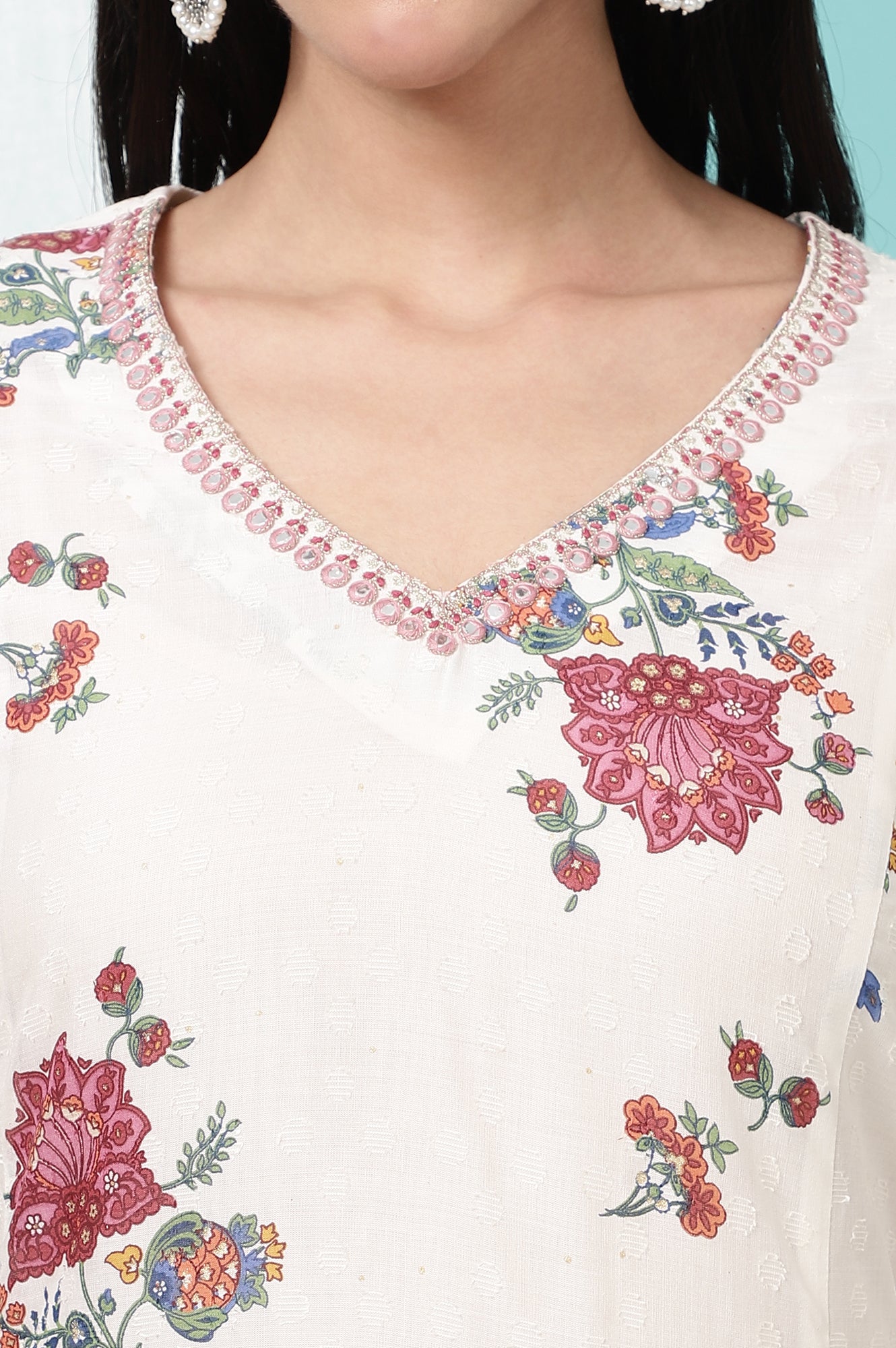 White Floral Printed Textured Dobby Flared Kurta