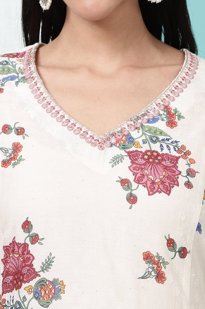 White Floral Printed Textured Dobby Flared Kurta
