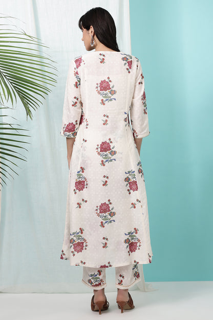 White Floral Printed Textured Dobby Flared Kurta