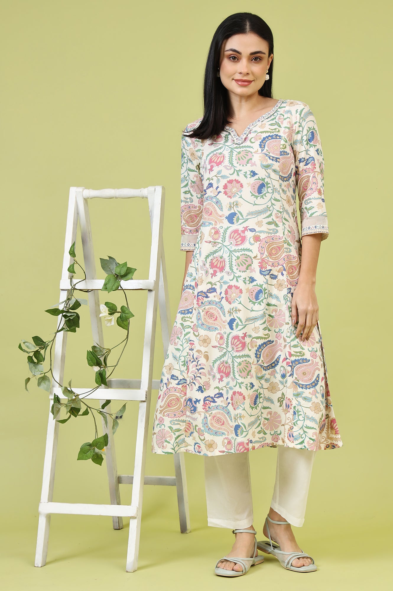 White Chintz Floral Printed Rayon Straight Kurta with Sequins