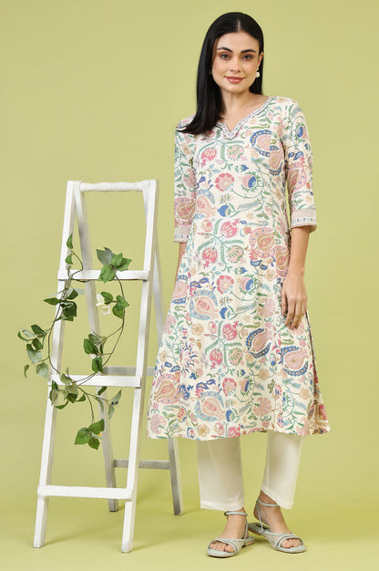 White Chintz Floral Printed Rayon Straight Kurta with Sequins