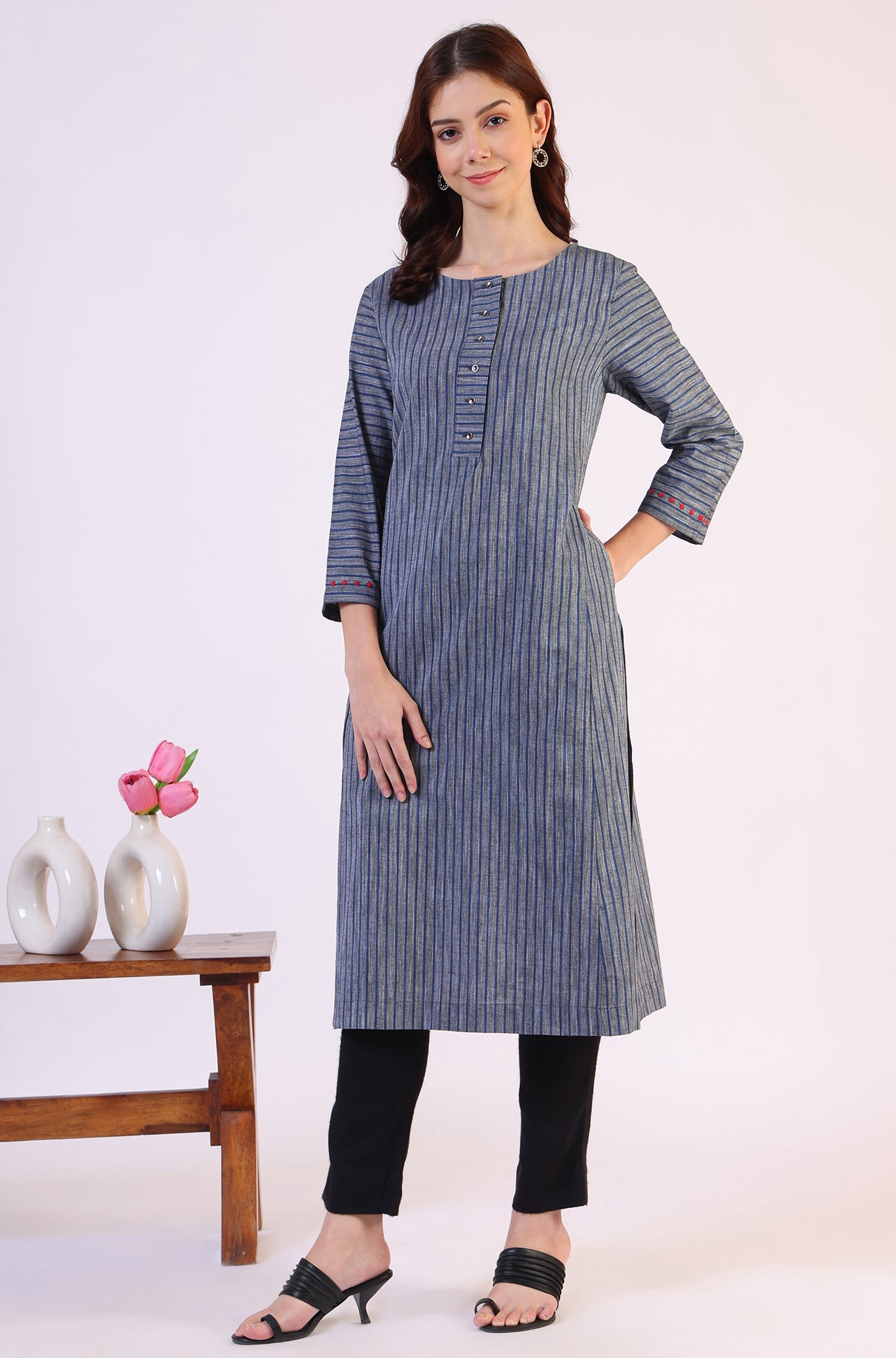 Grey Solid Pure Cotton Straight Kurta Sets With Dupatta