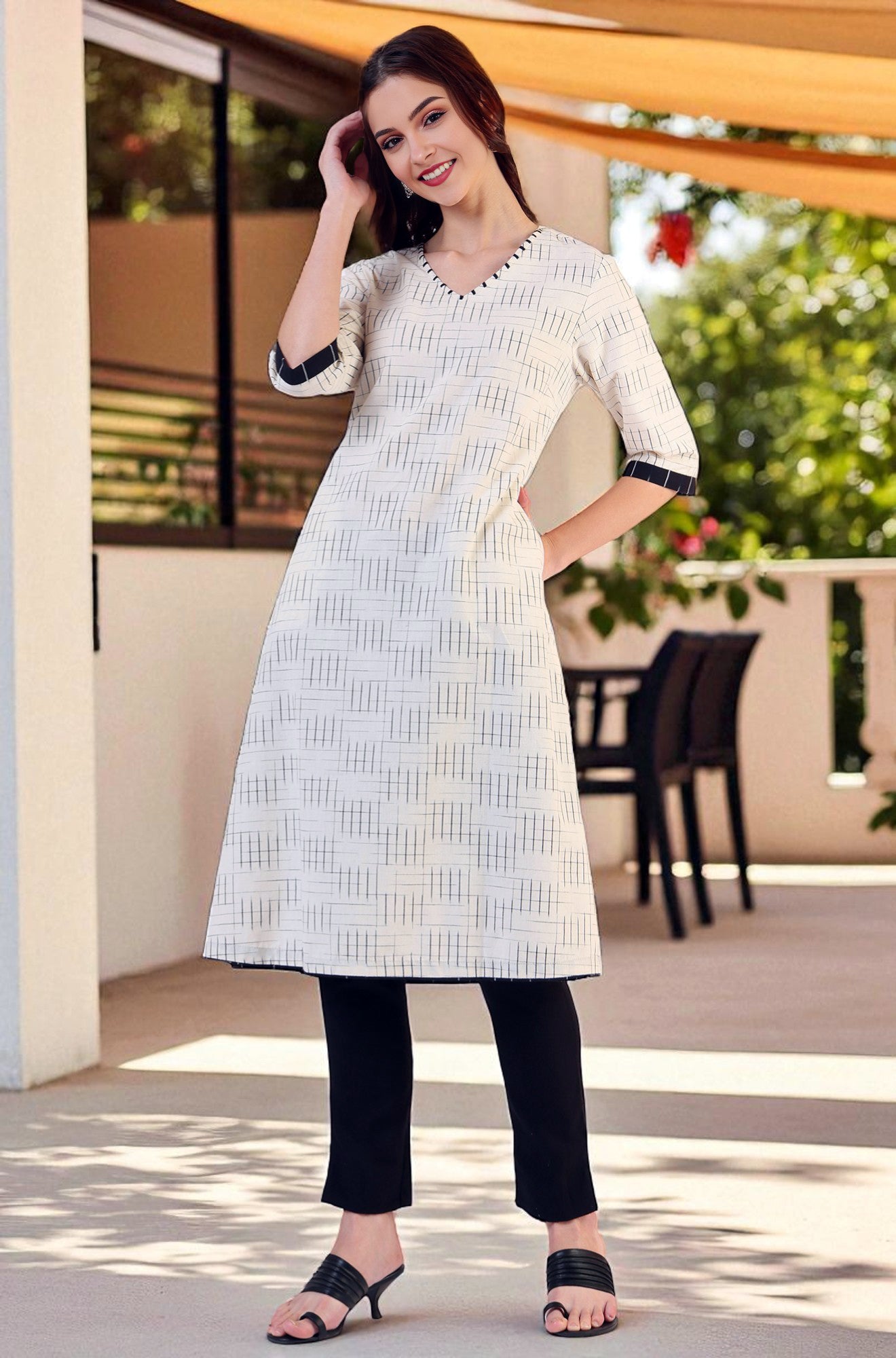 White Ikkat Yarn Dyed Pure Cotton Straight Kurta