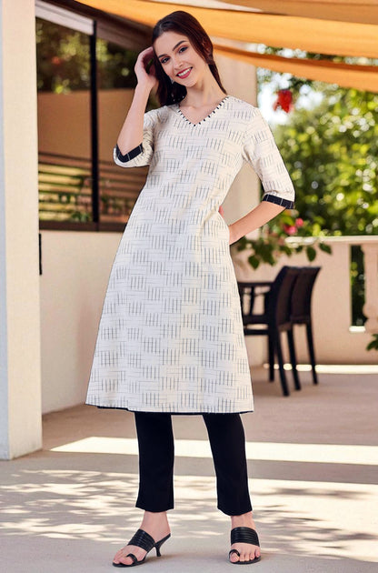 White Ikkat Yarn Dyed Pure Cotton Straight Kurta