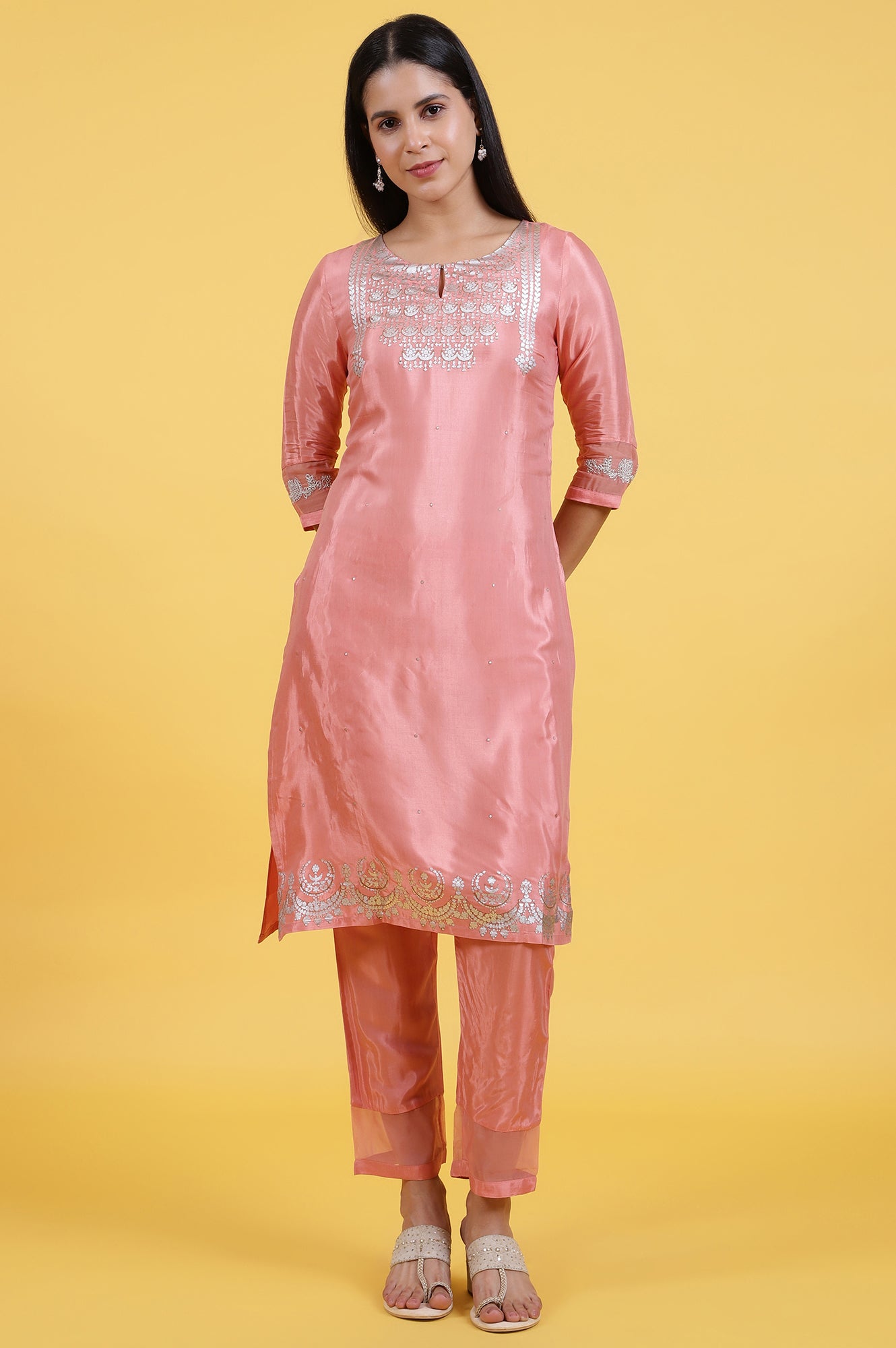 Pink Printed Shantung Straight Kurta in Keyhole Neck