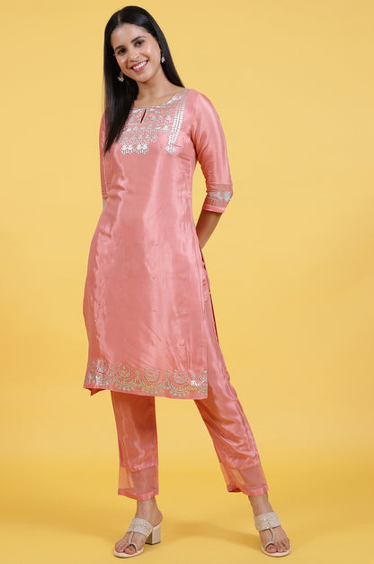 Pink Printed Shantung Straight Kurta in Keyhole Neck