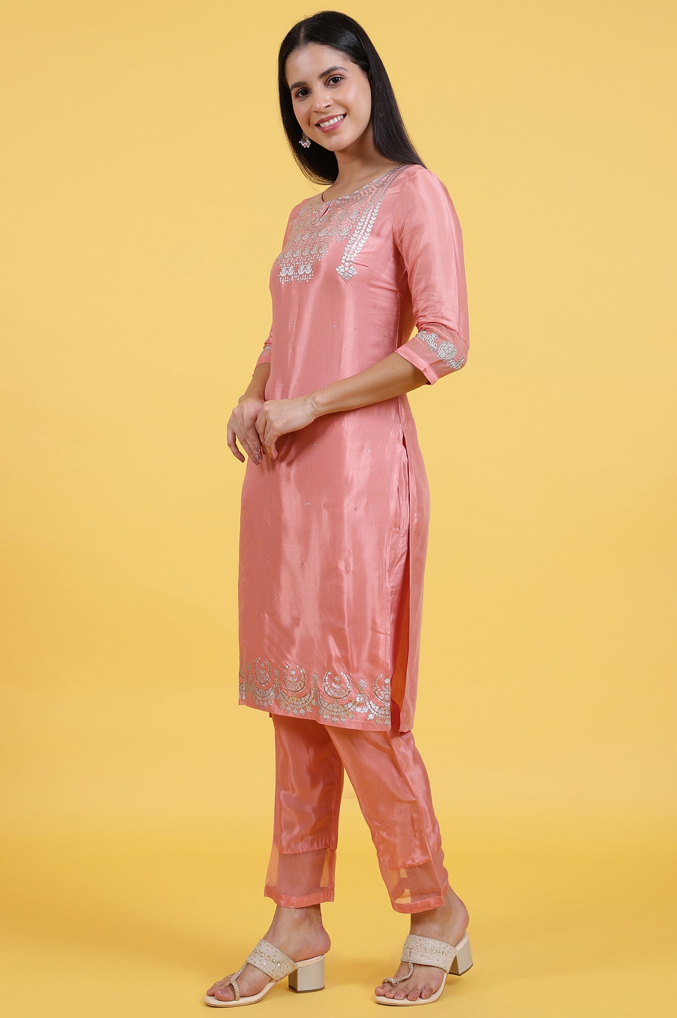 Pink Printed Shantung Straight Kurta in Keyhole Neck