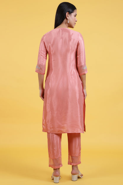 Pink Printed Shantung Straight Kurta in Keyhole Neck