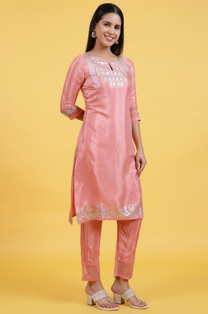 Pink Printed Shantung Straight Kurta in Keyhole Neck