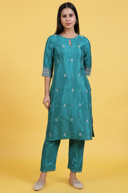 Blue Embroidered Rayon Straight Kurta in Keyhole Neck