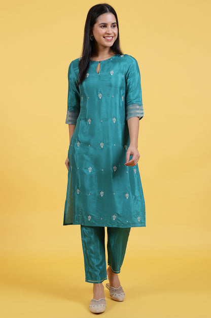 Blue Embroidered Rayon Straight Kurta in Keyhole Neck