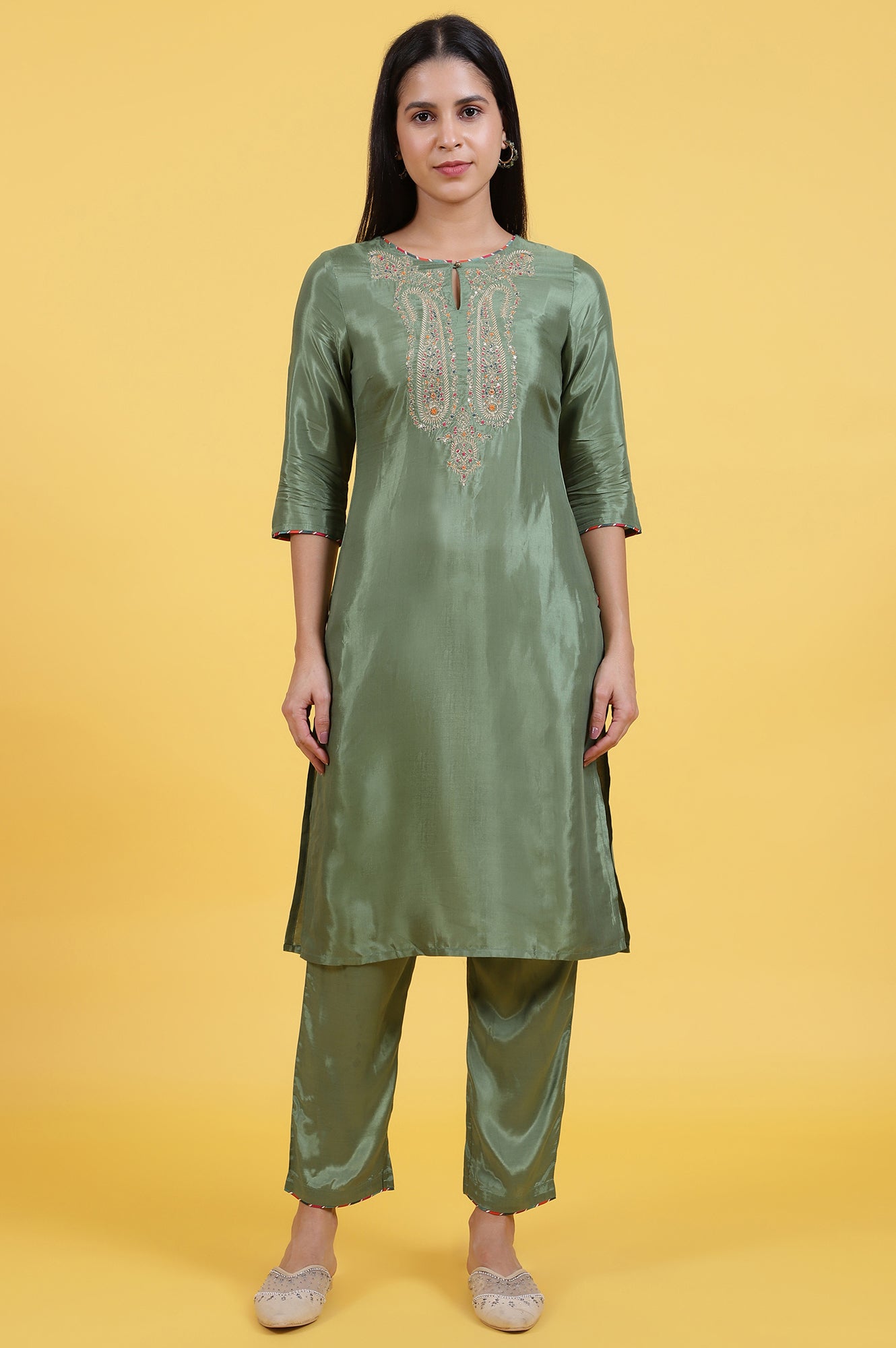 Light Green Embroidered Shantung Straight Kurta